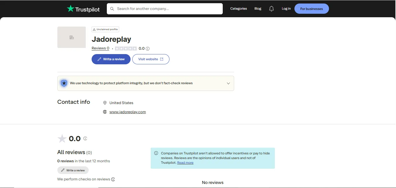 Screenshot of Jadoerplay's Trustpilot rating overview