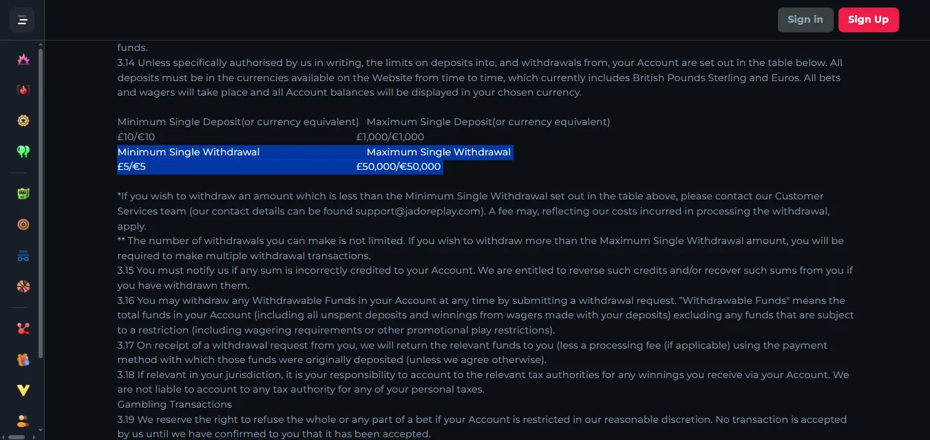 Screenshot of Jadoerplay's withdrawal section and limits
