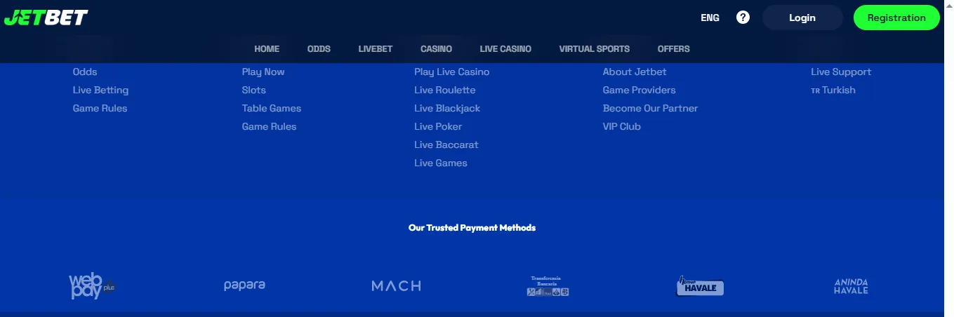 Screenshot of Jet bahis's cashier and payment methods
