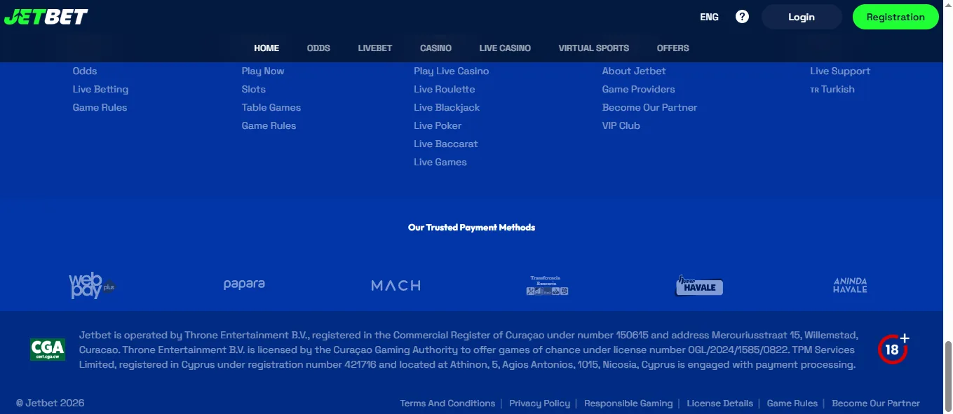 Screenshot of Jet bahis's footer licence and regulator details