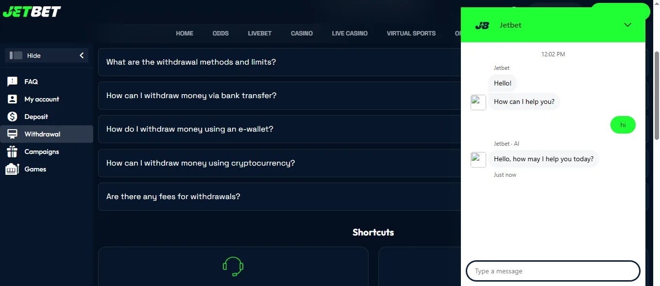 Screenshot of Jet bahis's live chat support window