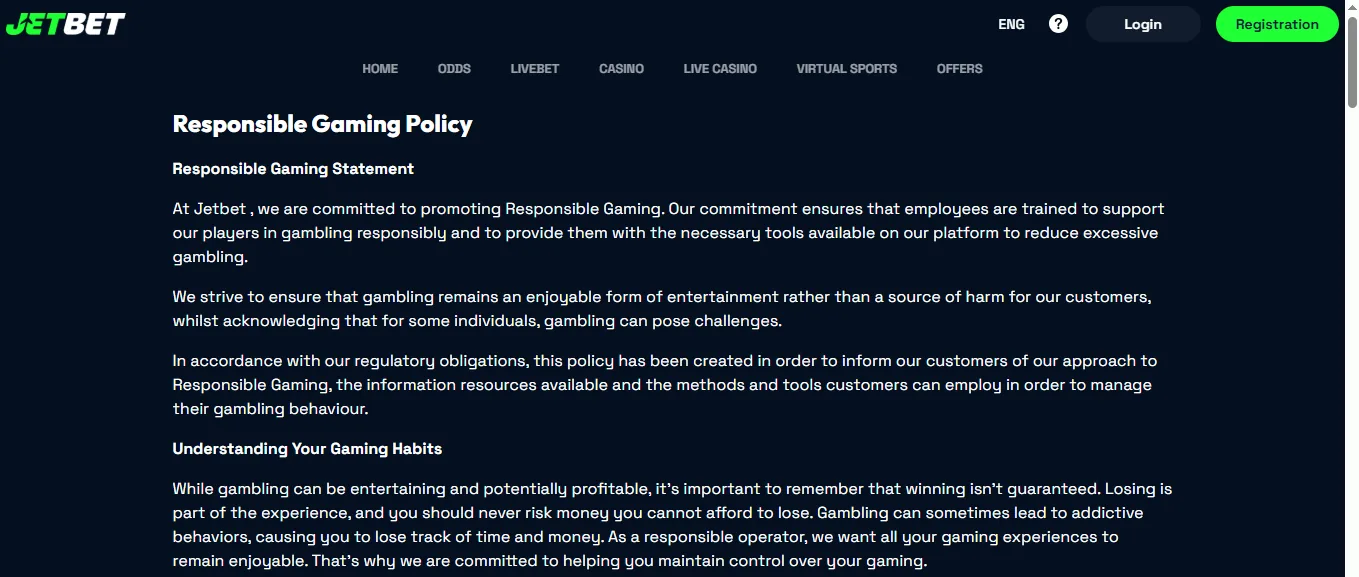 Screenshot of Jet bahis's responsible-gambling tools