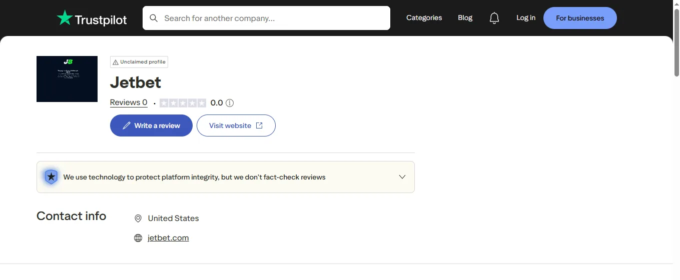 Screenshot of Jet bahis's Trustpilot rating overview