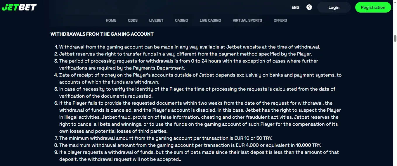 Screenshot of Jet bahis's withdrawal section and limits