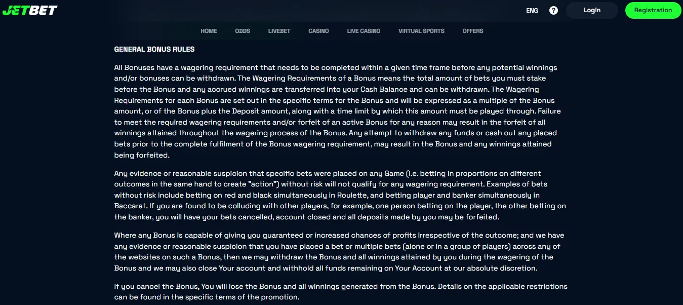 Screenshot of JetBet Casino's bonus terms and wagering requirements