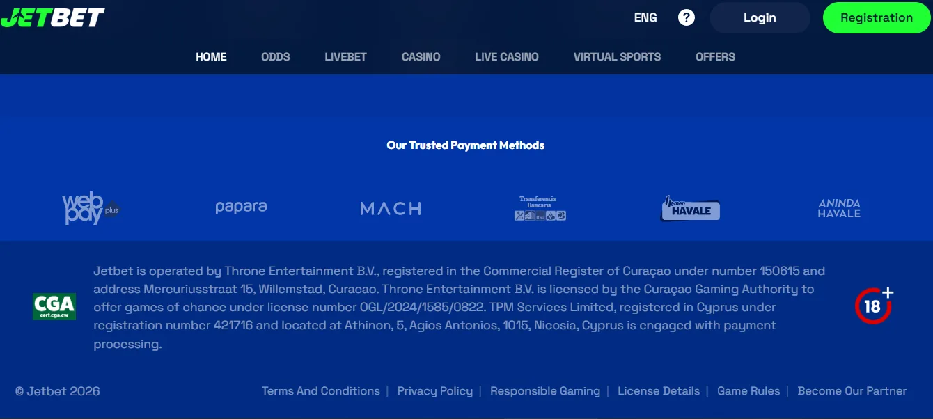 Screenshot of JetBet Casino's footer licence and regulator details