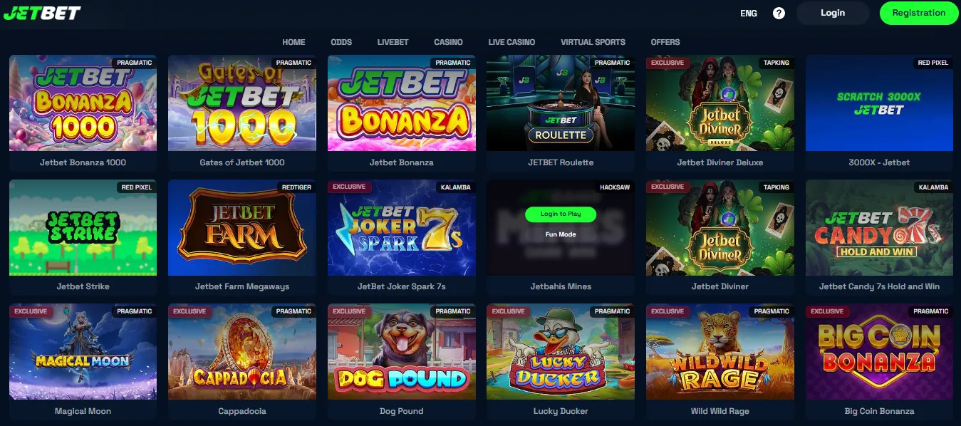Screenshot of JetBet Casino's games lobby