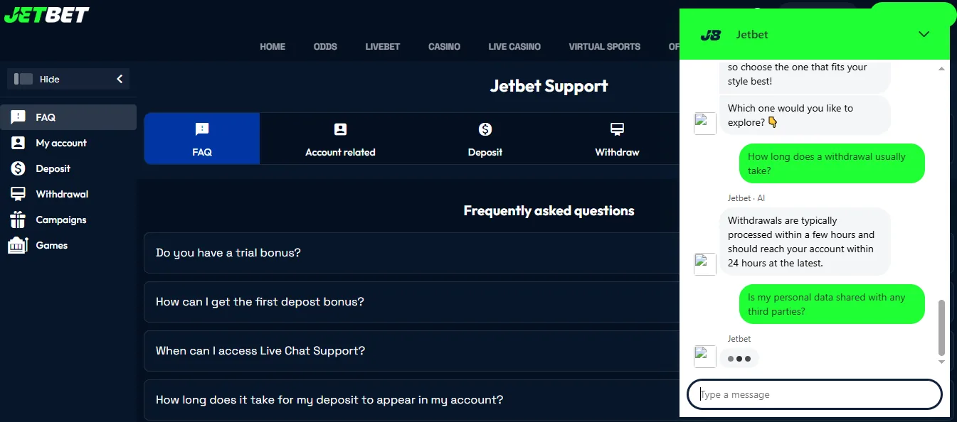 Screenshot of JetBet Casino's live chat support window