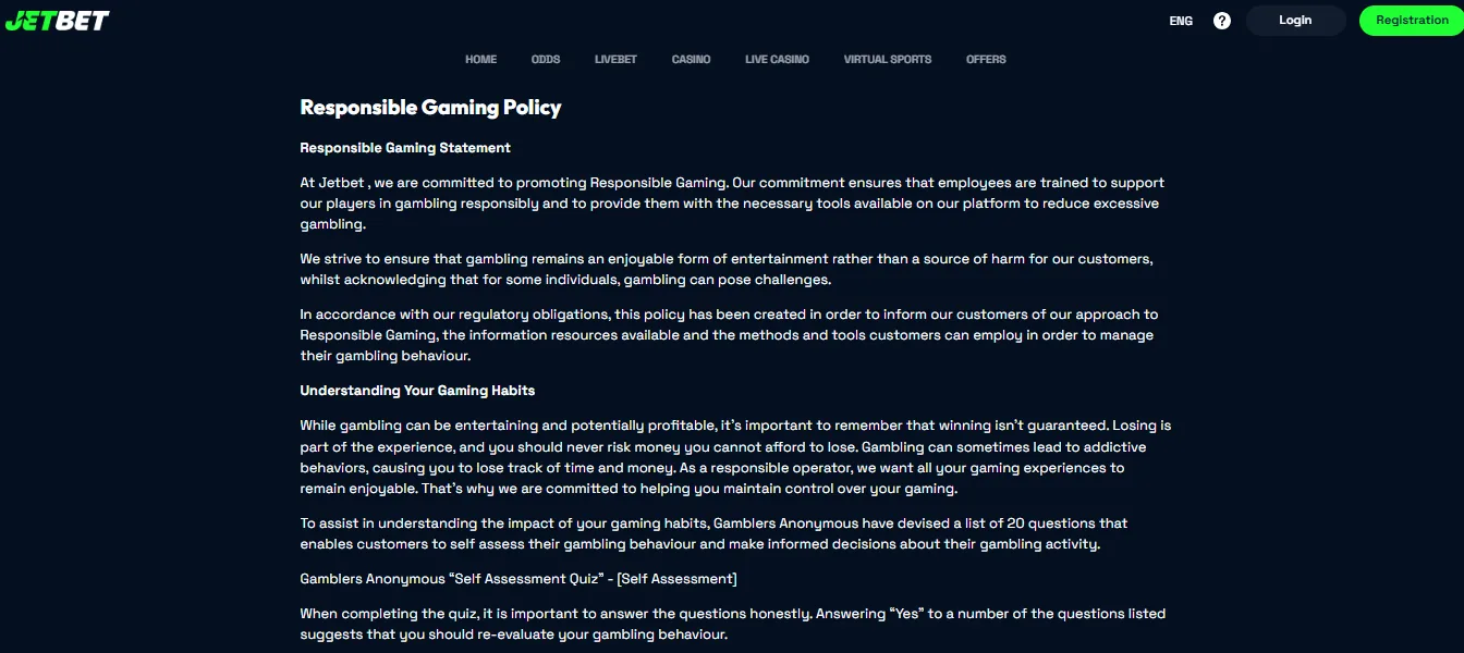 Screenshot of JetBet Casino's responsible-gambling tools