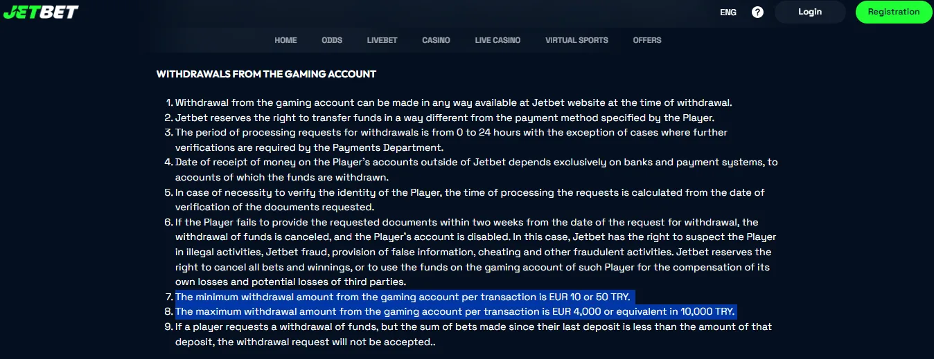 Screenshot of JetBet Casino's withdrawal section and limits