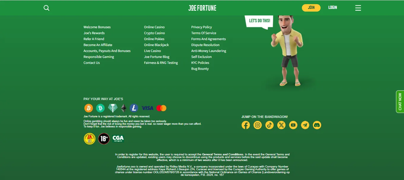 Screenshot of Joe Fortune's footer licence and regulator details