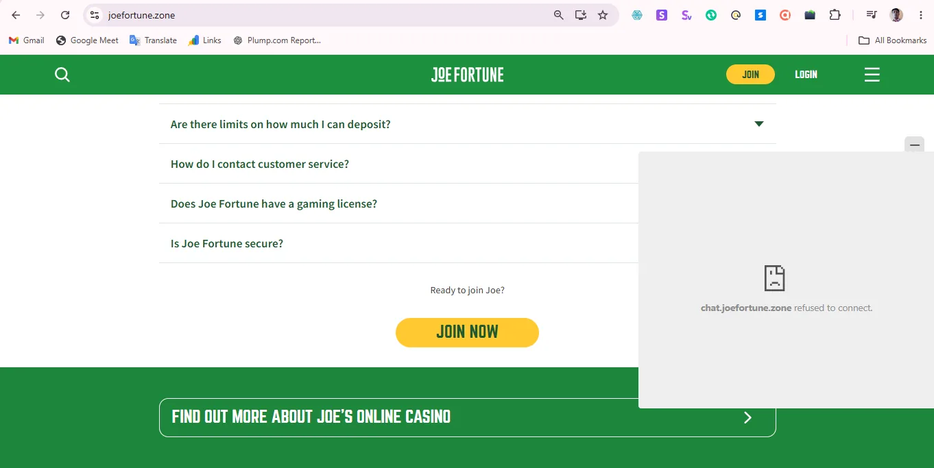 Screenshot of Joe Fortune's live chat support window