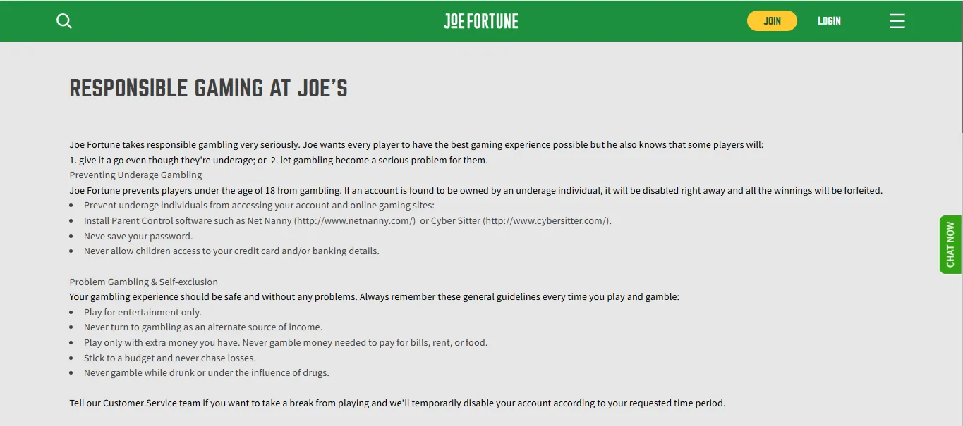 Screenshot of Joe Fortune's responsible-gambling tools