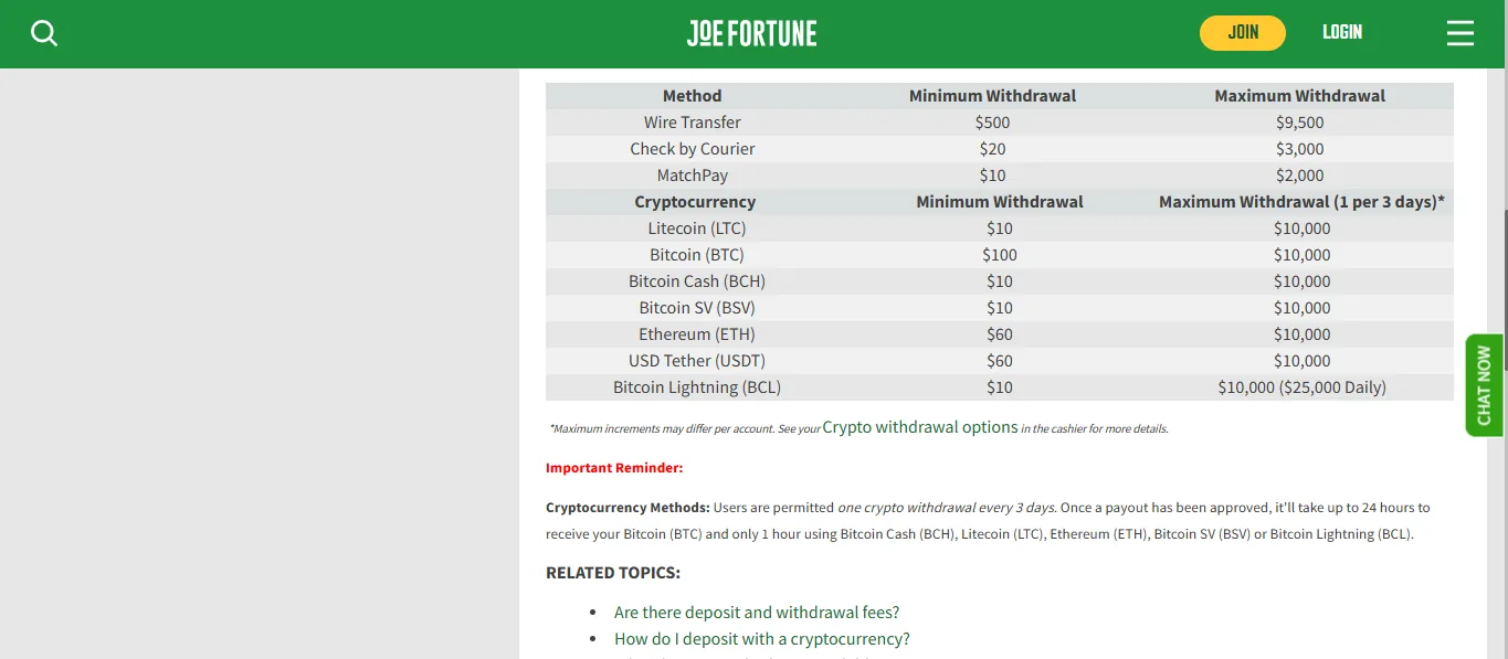 Screenshot of Joe Fortune's withdrawal section and limits