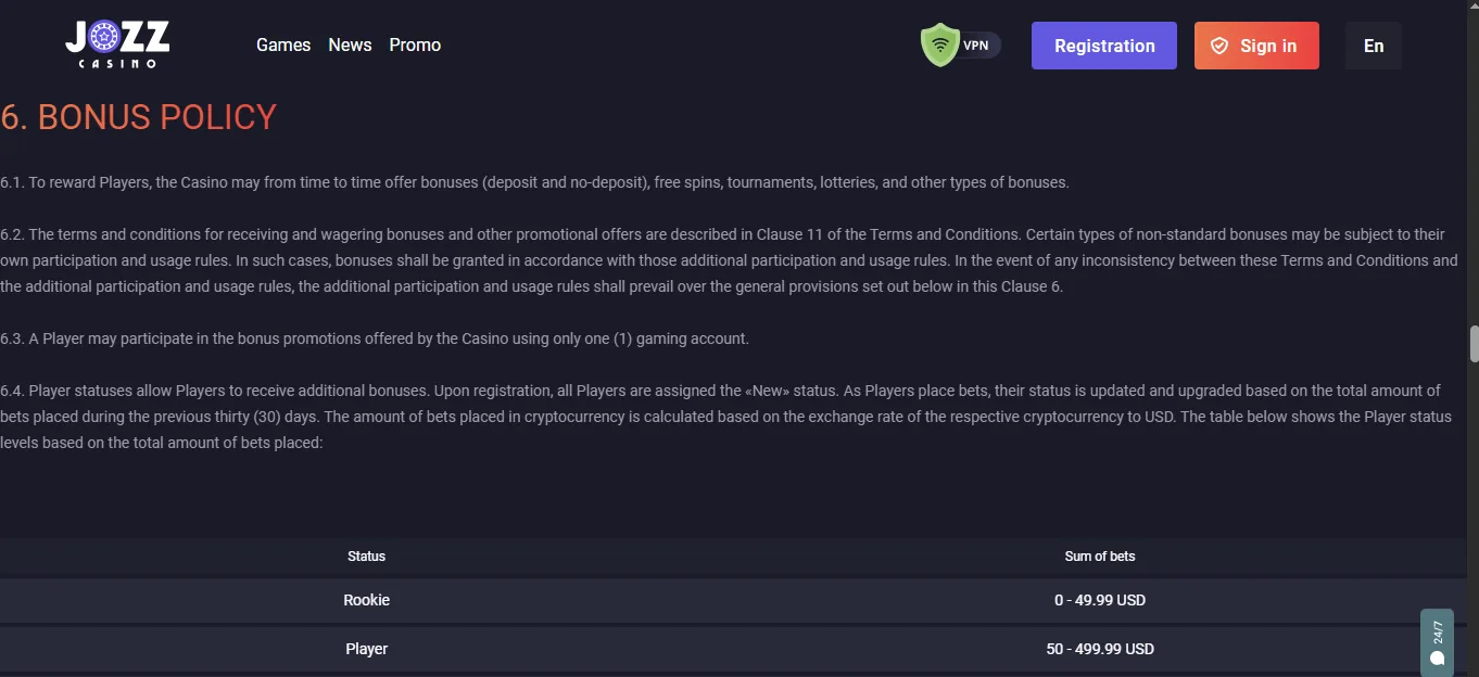 Screenshot of JOZZ CASINO's bonus terms and wagering requirements