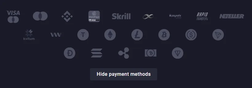 Screenshot of JOZZ CASINO's cashier and payment methods