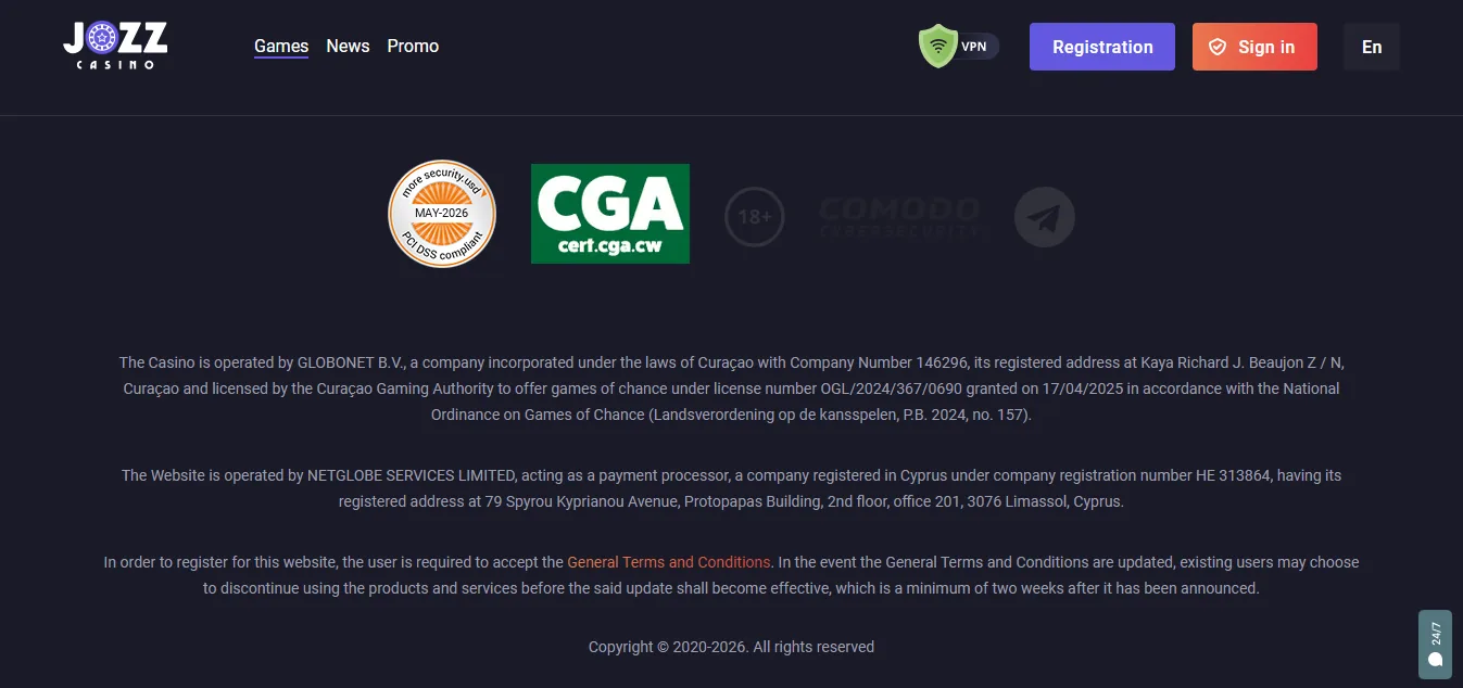 Screenshot of JOZZ CASINO's footer licence and regulator details