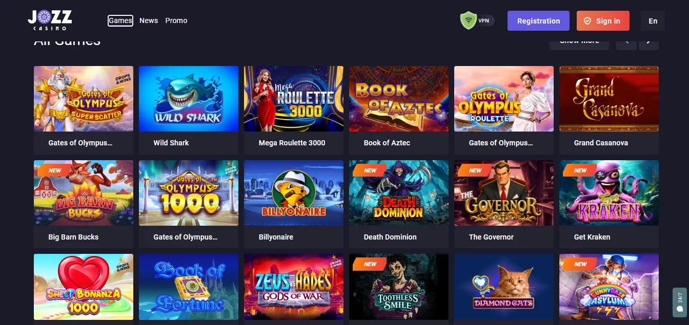 Screenshot of JOZZ CASINO's games lobby