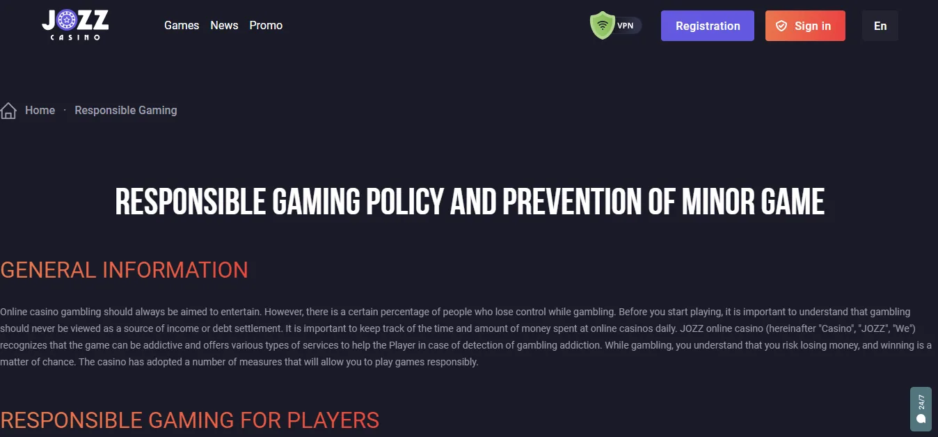 Screenshot of JOZZ CASINO's responsible-gambling tools