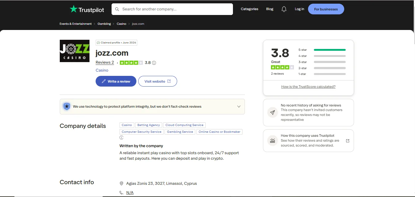 Screenshot of JOZZ CASINO's Trustpilot rating overview