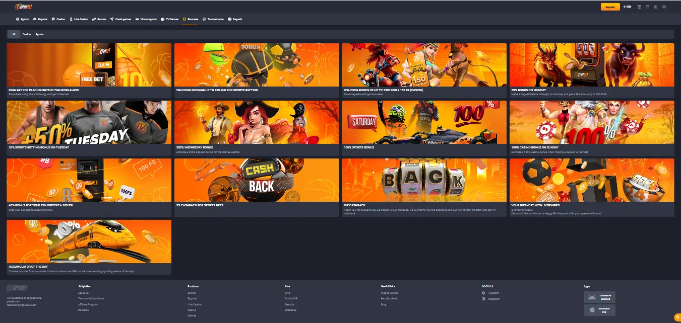 Screenshot of JVSpin's welcome bonus offer