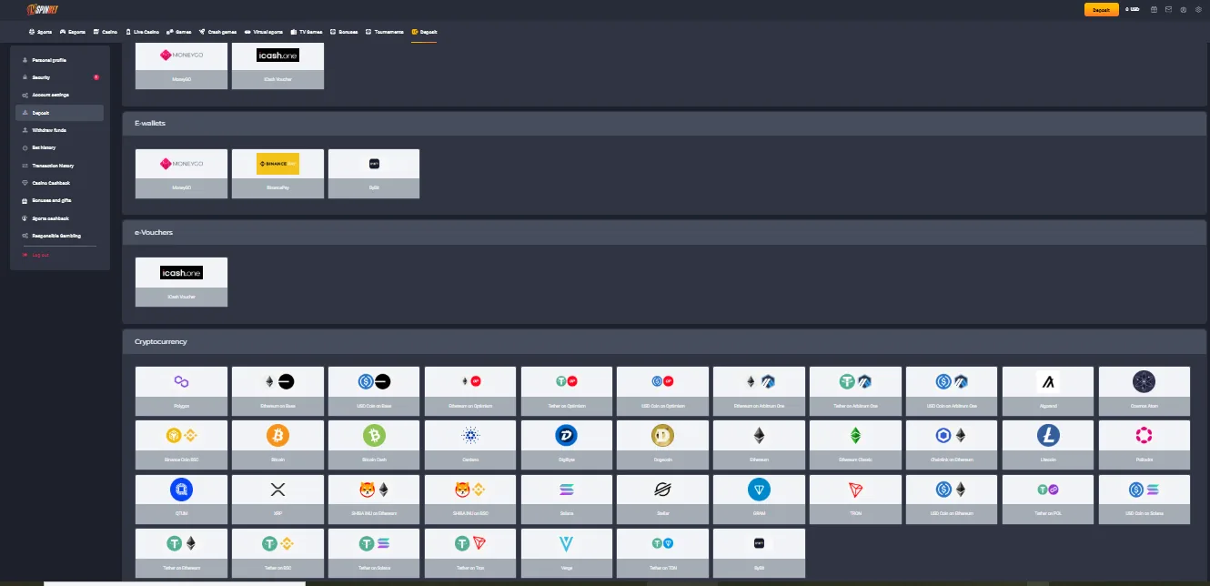 Screenshot of JVSpin's cashier and payment methods