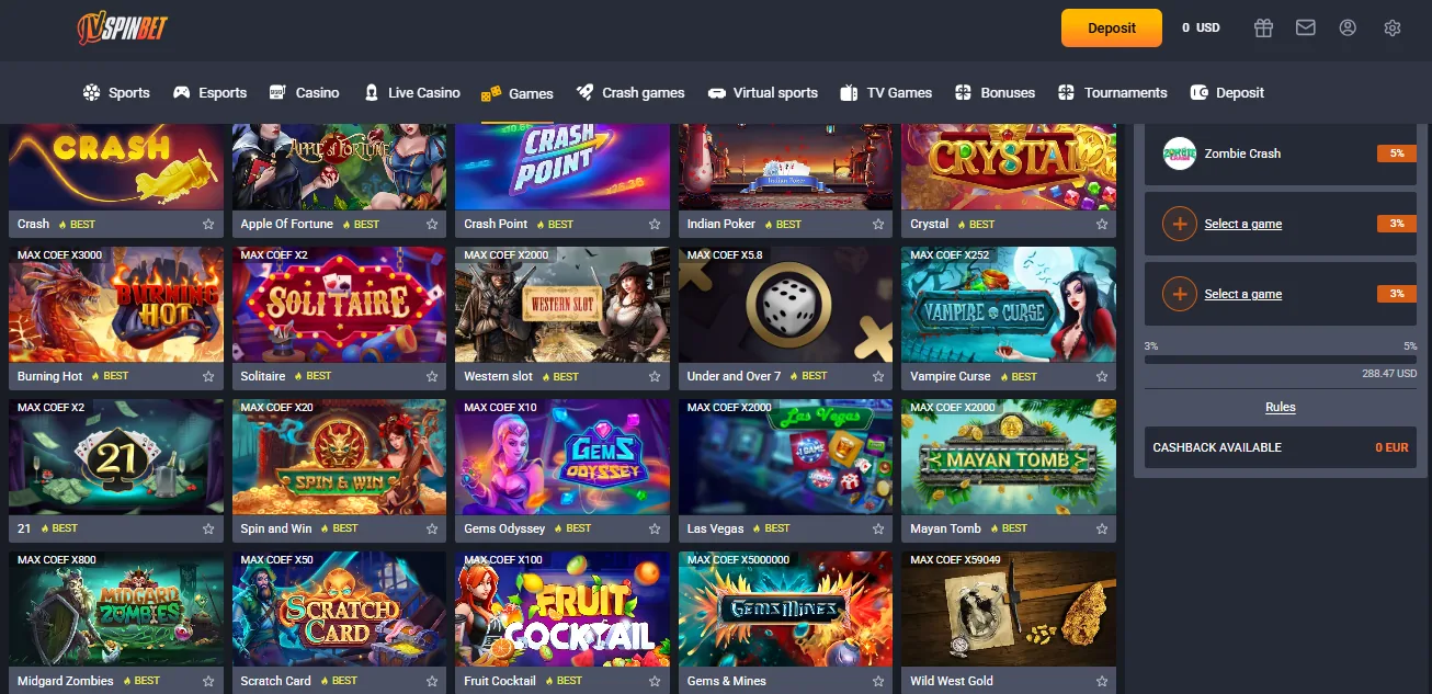 Screenshot of JVSpin's games lobby