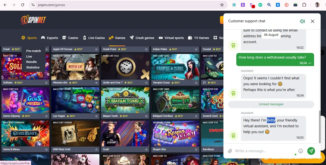 Screenshot of JVSpin's live chat support window