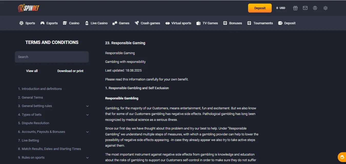 Screenshot of JVSpin's responsible-gambling tools