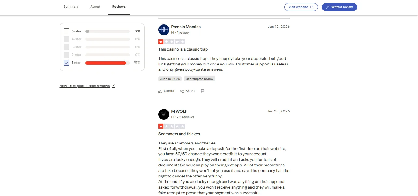 Screenshot of JVSpin's negative Trustpilot review