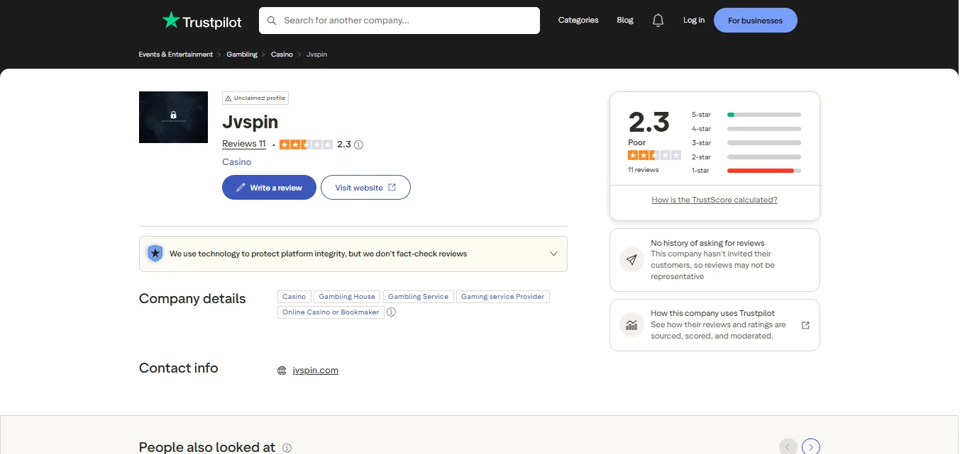 Screenshot of JVSpin's Trustpilot rating overview