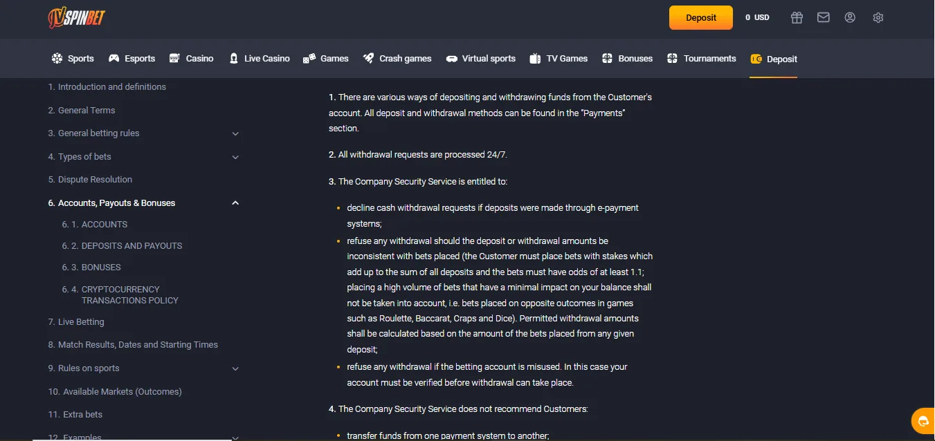 Screenshot of JVSpin's withdrawal section and limits
