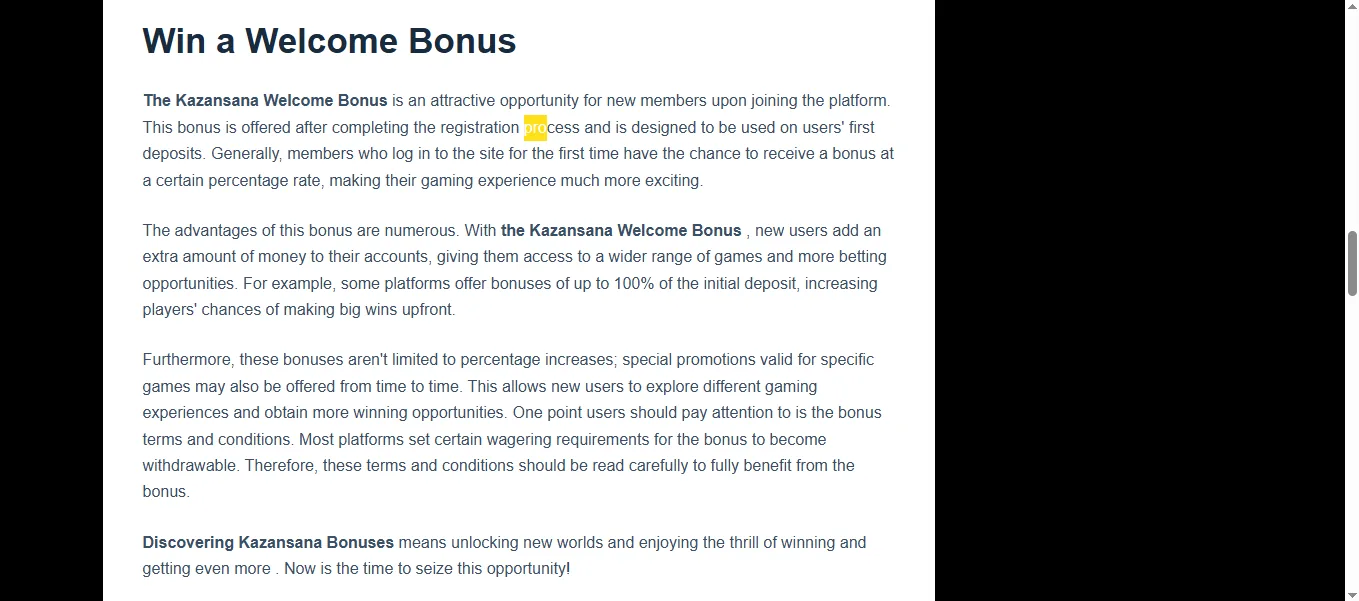 Screenshot of KazanSana's welcome bonus offer