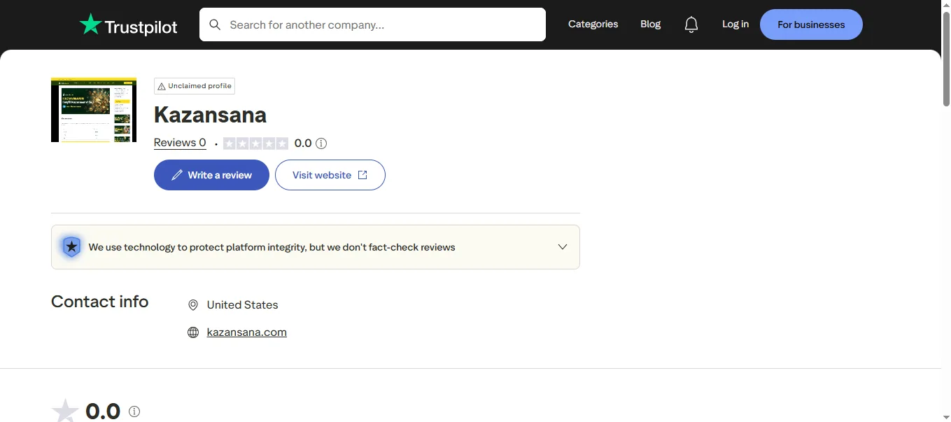 Screenshot of KazanSana's Trustpilot rating overview