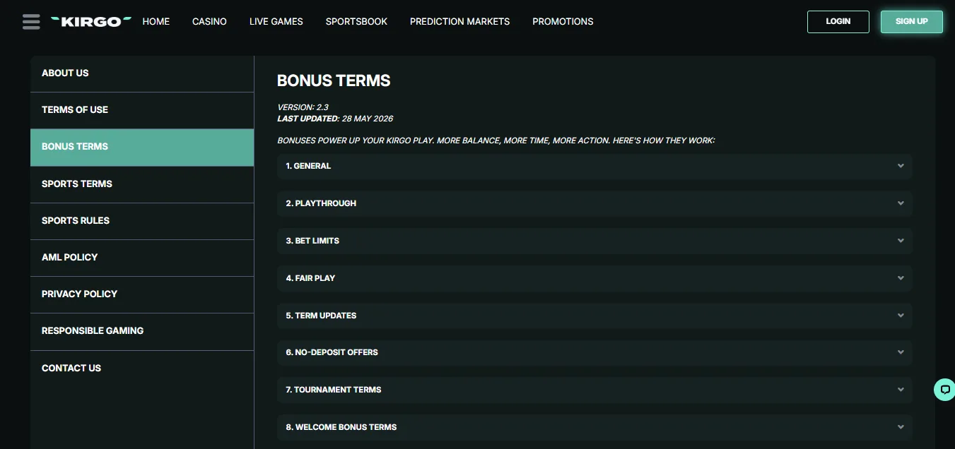 Screenshot of Kirgo's bonus terms and wagering requirements