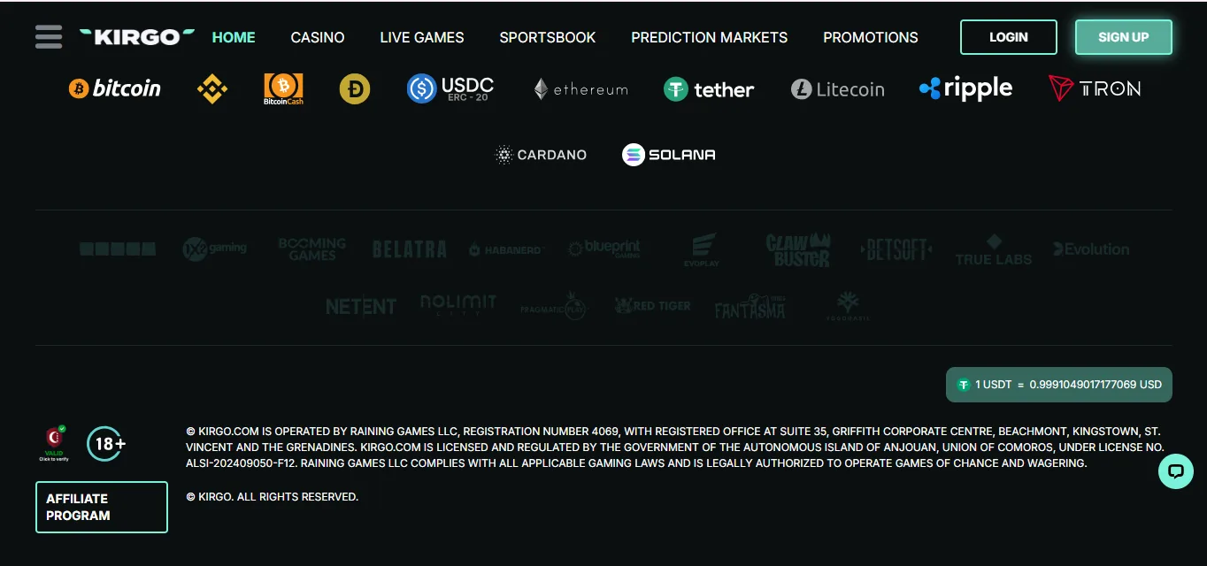 Screenshot of Kirgo's footer licence and regulator details