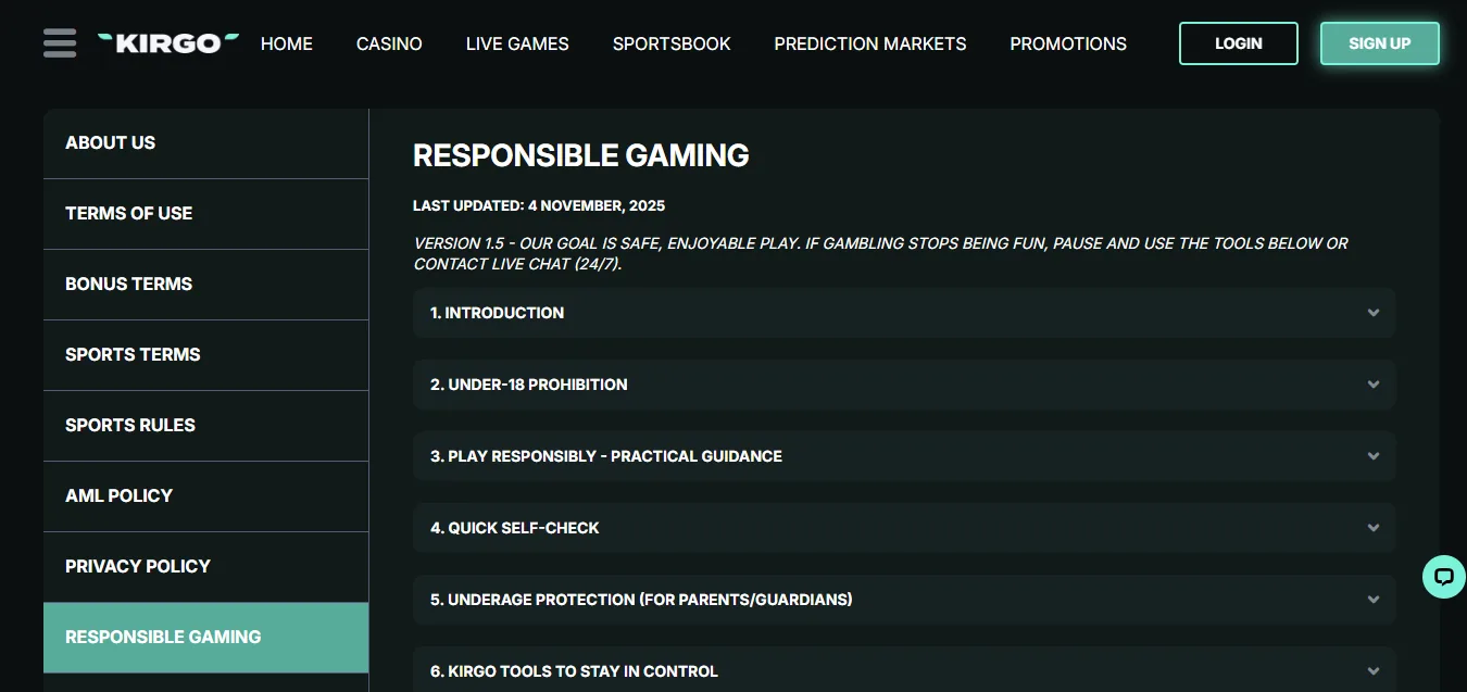 Screenshot of Kirgo's responsible-gambling tools
