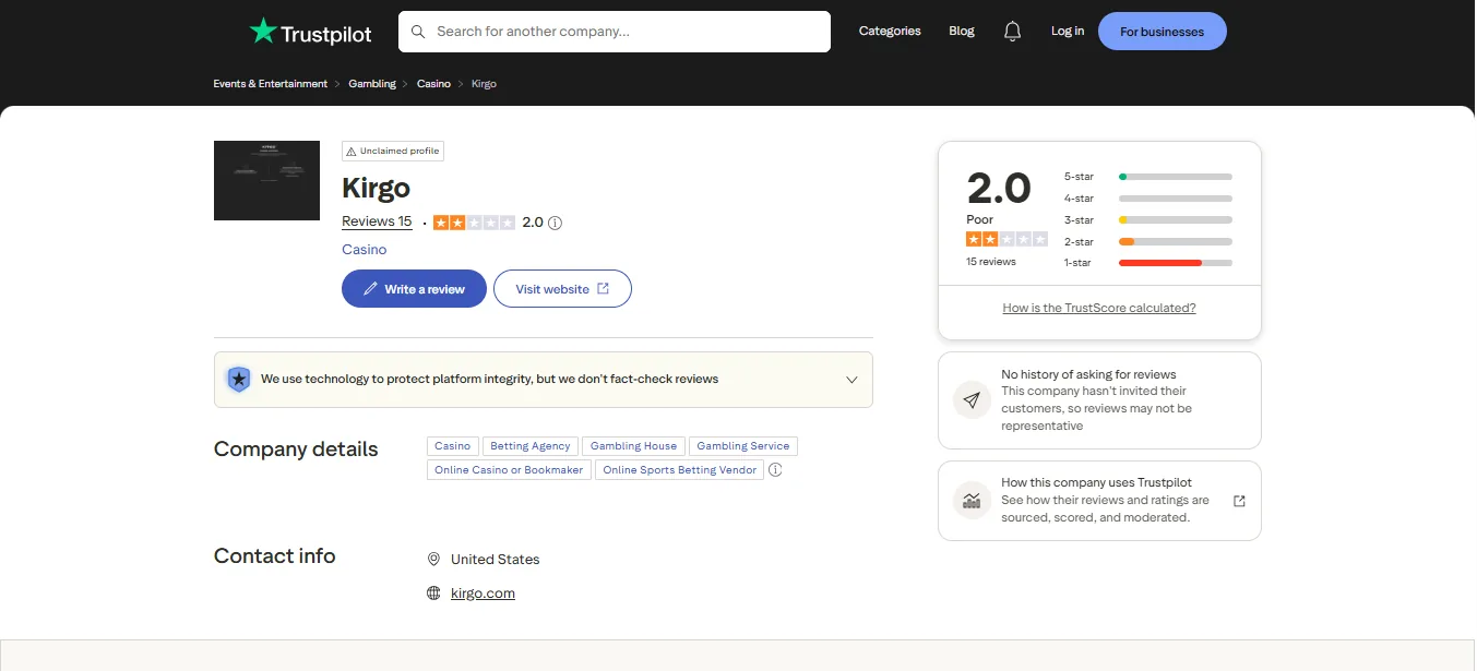 Screenshot of Kirgo's Trustpilot rating overview