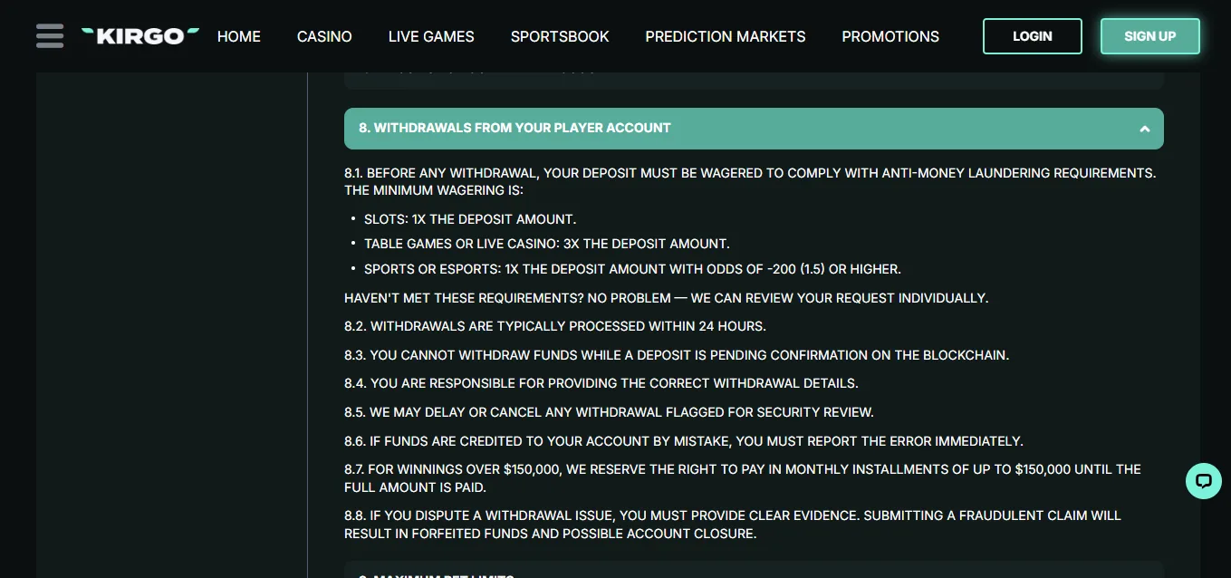 Screenshot of Kirgo's withdrawal section and limits