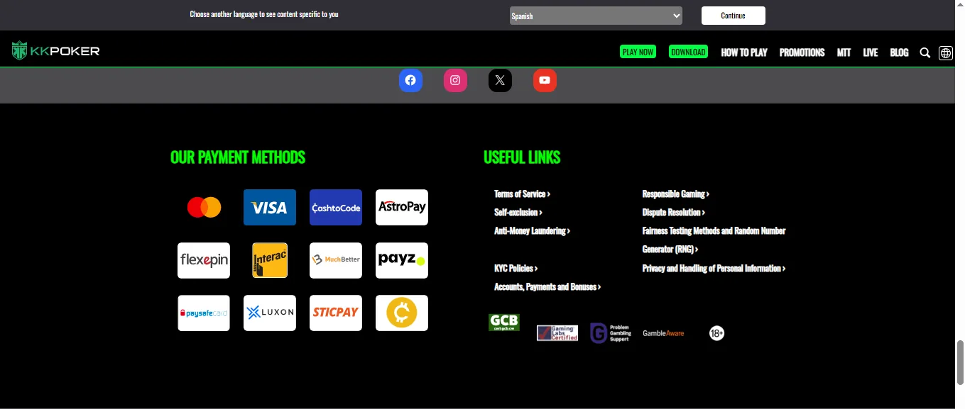 Screenshot of KK Poker's cashier and payment methods