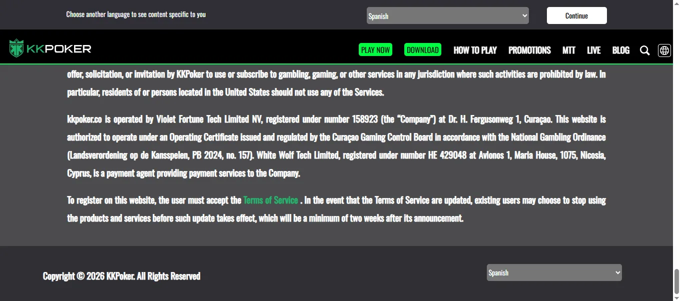 Screenshot of KK Poker's footer licence and regulator details