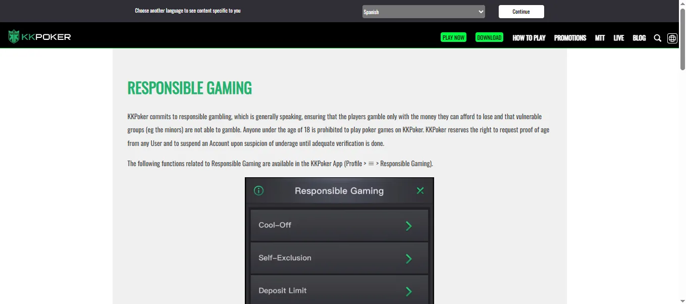 Screenshot of KK Poker's responsible-gambling tools