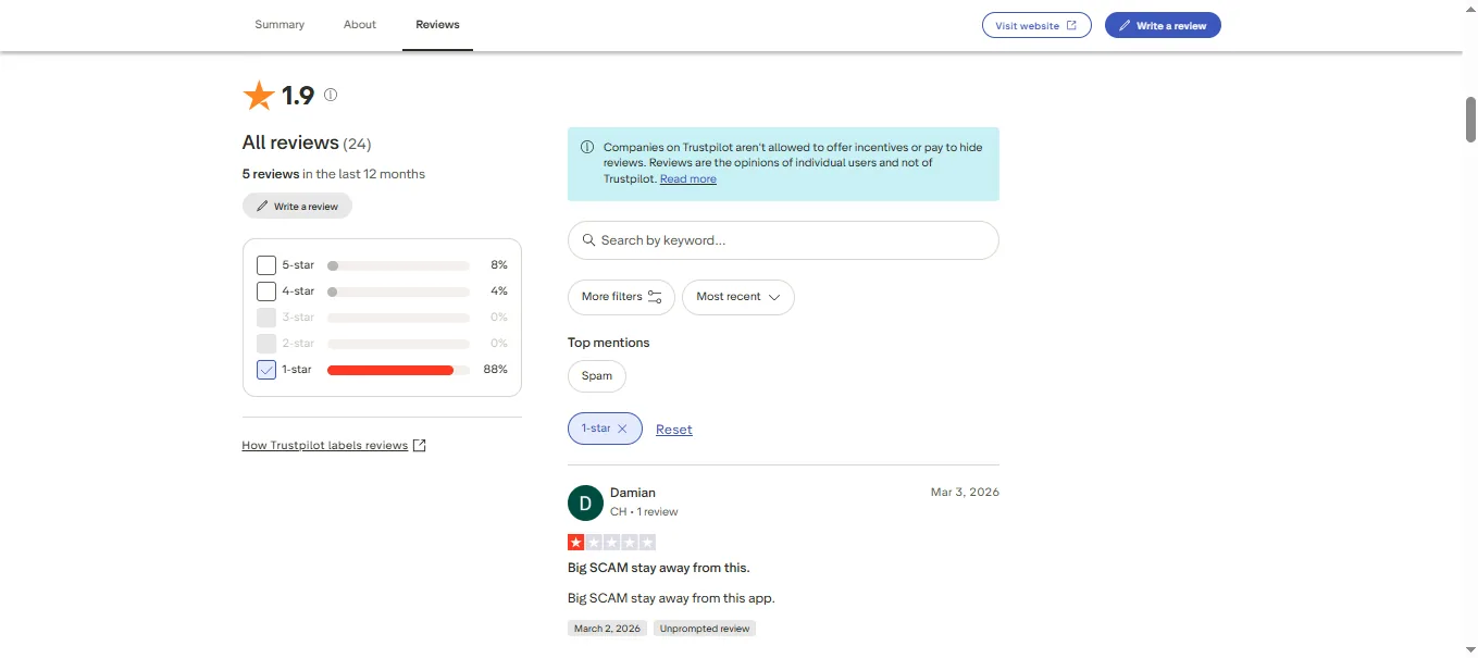 Screenshot of KK Poker's negative Trustpilot review
