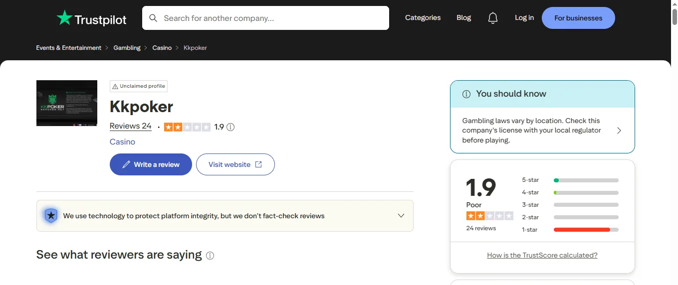 Screenshot of KK Poker's Trustpilot rating overview