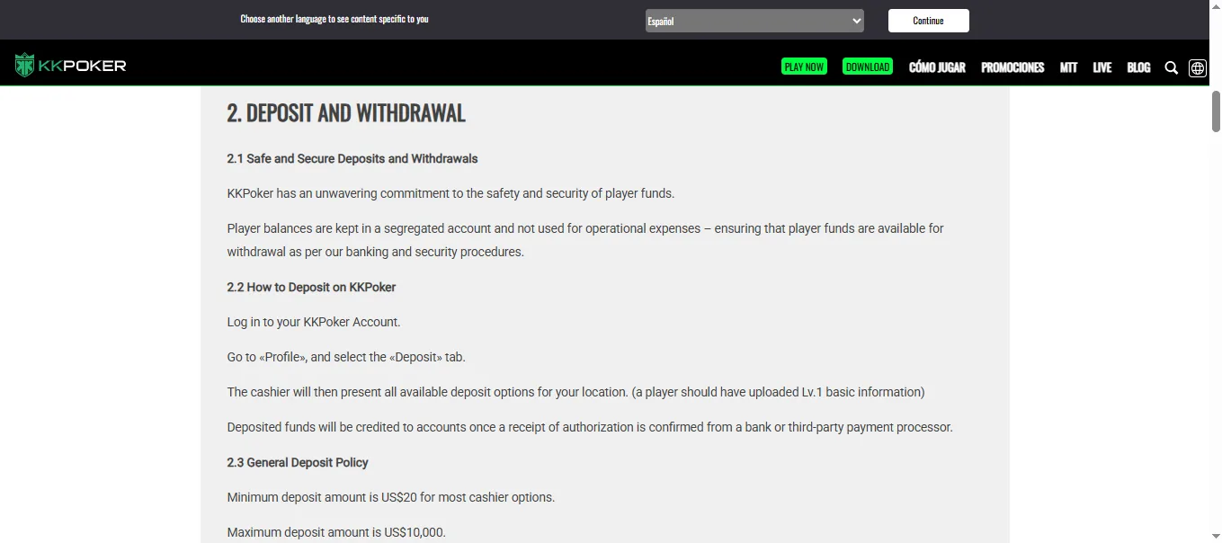 Screenshot of KK Poker's withdrawal section and limits