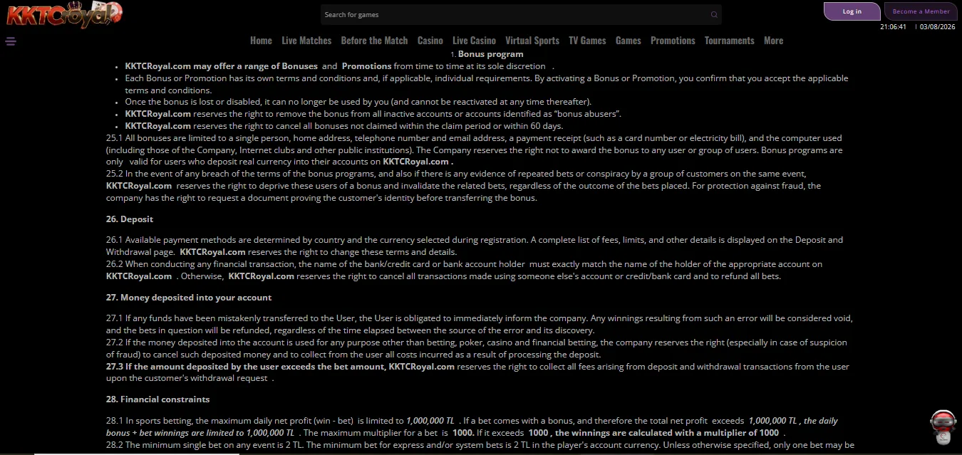 Screenshot of KKTC Royal's bonus terms and wagering requirements