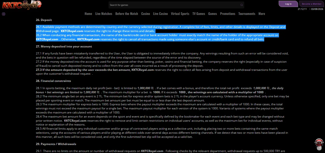 Screenshot of KKTC Royal's cashier and payment methods