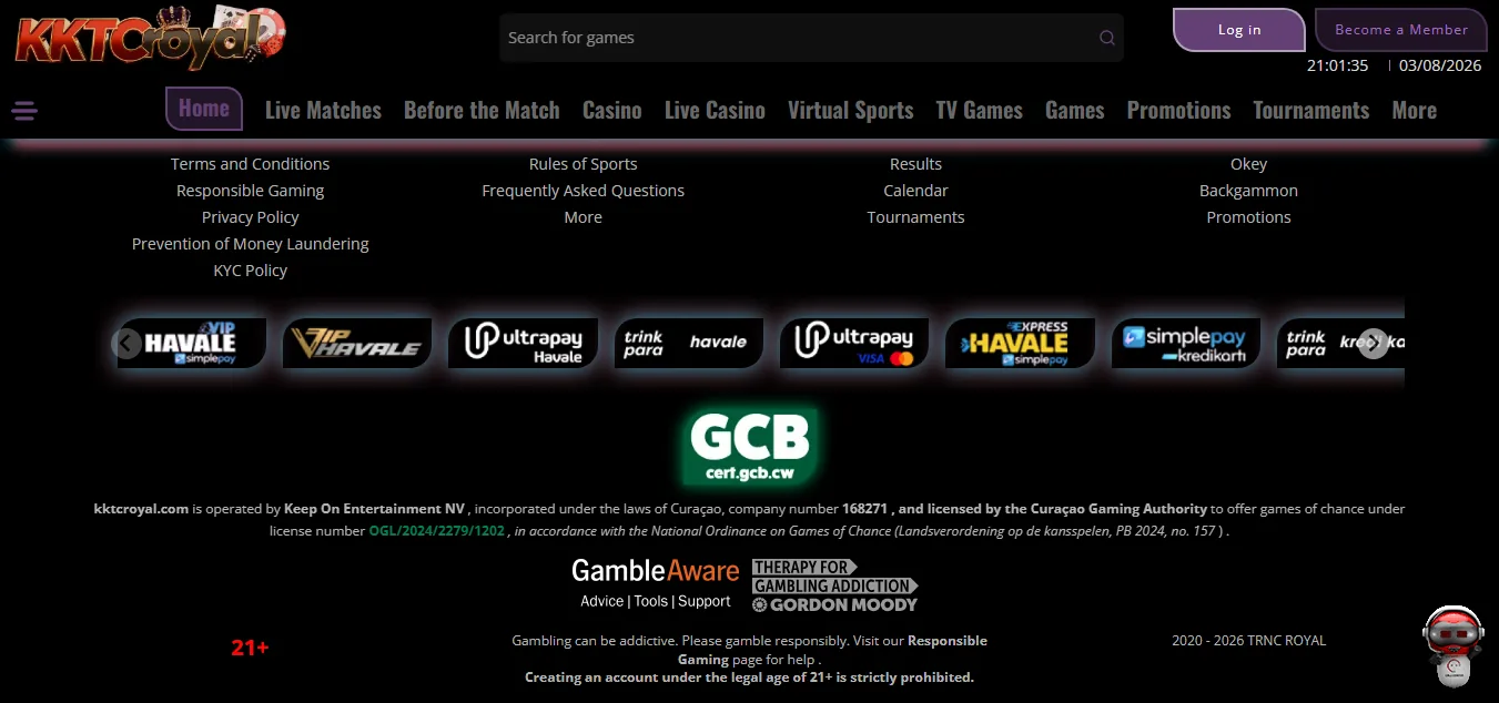 Screenshot of KKTC Royal's footer licence and regulator details