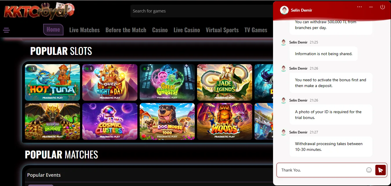 Screenshot of KKTC Royal's live chat support window