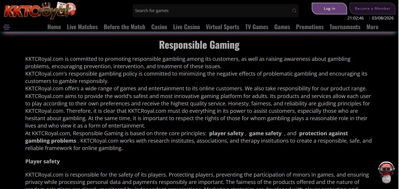 Screenshot of KKTC Royal's responsible-gambling tools
